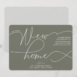 Moderne, nieuwe thuiskalligrafie Olive Green Movin Aankondiging