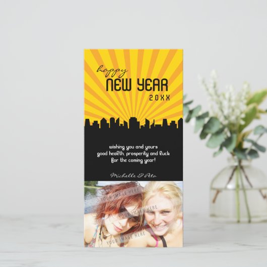 MODERNE NIEUWJAAR FOTOCARD :: stadsgezicht P1 Feestdagenkaart (Staand voorkant)