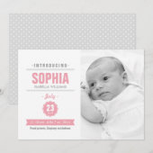 Moderne nieuwsroze Baby geboortefoto aankondiging (Voorkant / Achterkant)