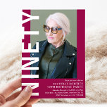 Moderne NINETY Foto 90th Birthday Party Invitation Kaart<br><div class="desc">Maak je klaar om het hoofd te draaien met deze moderne 90e verjaardagsuitnodiging met een humeurige roze achtergrond die in elke kleur kan worden veranderd! De portretfoto, de gedurfde witte 'NEGENTIG' tekst en de elegante sjabloon van het verjaardagsfeest zijn ideaal voor elke leeftijd. Maak hun dag extra speciaal met dit...</div>