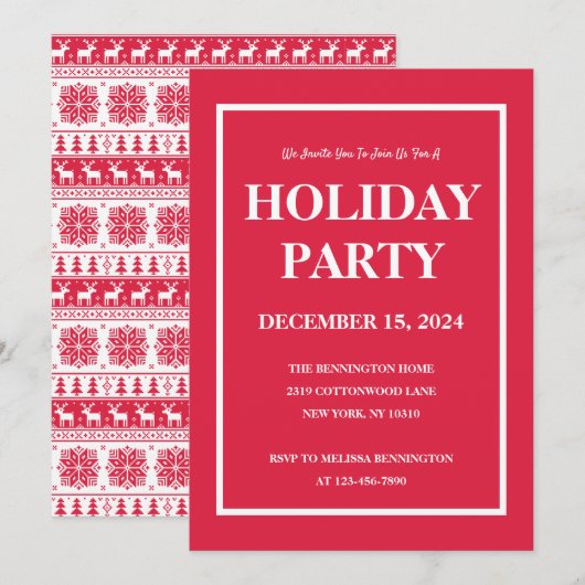 Moderne Nordic Red and White Pattern Holiday Party Kaart (Voorkant / Achterkant)