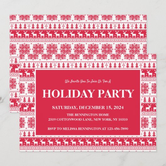 Moderne Nordic Red and White Pattern Holiday Party Kaart (Voorkant / Achterkant)