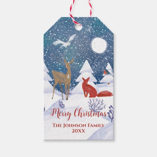 Moderne Nordic Winter Sneeuwachtige Nachtvos Herte Cadeaulabel (Voorkant)