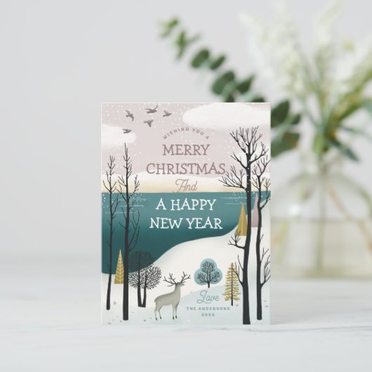 Moderne Nordic Woodland Kerstmis | rustige winter Feestdagenkaart (Staand voorkant)