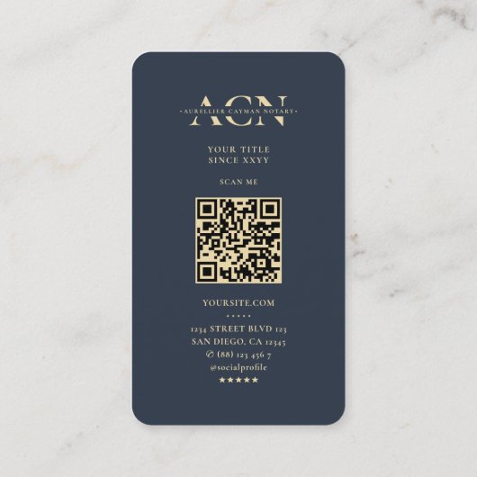 Moderne notaris Donkerblauw Gouden Quill Monogram Visitekaartje (Achterkant)
