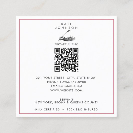 Moderne notaris Signing Agent Feather Quill Logo Vierkante Visitekaartje (Achterkant)