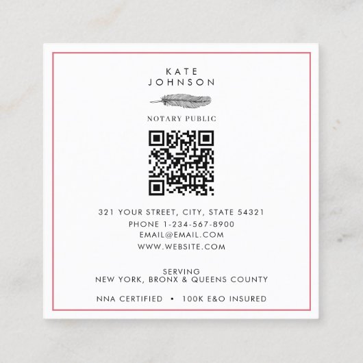 Moderne notaris Signing Agent Feather Quill Logo Vierkante Visitekaartje (Achterkant)