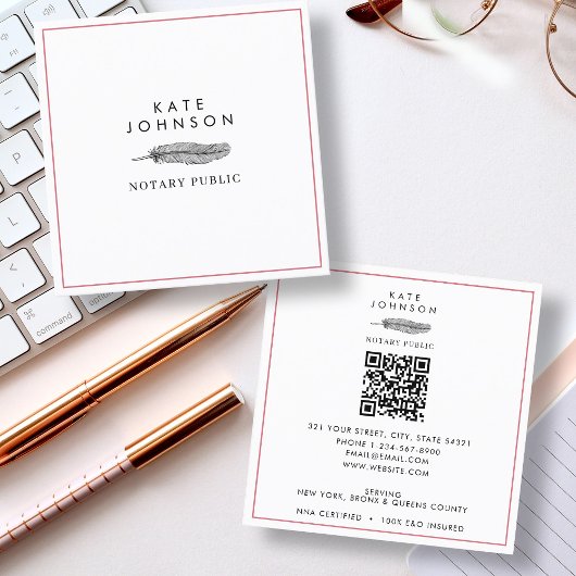 Moderne notaris Signing Agent Feather Quill Logo Vierkante Visitekaartje
