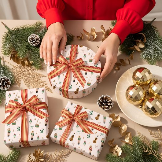 Moderne Notenkraker Kerstboog lint patroon Inpakpapier Vel