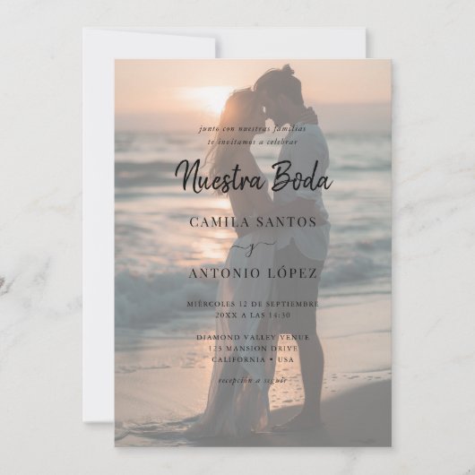 Moderne Nuestra Boda | Faded foto Spaanse bruiloft Kaart (Voorkant)