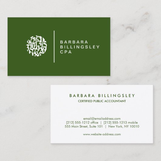 Moderne Nummers Logo Accountant Donkergroen Visitekaartje (Voorkant / Achterkant)
