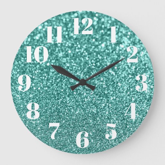 Moderne Nummers Nep Glitterend Turquoise Glitters Grote Klok (Voorkant)