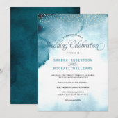 Moderne oceaanblauwe waterverf bruiloft kaart (Voorkant / Achterkant)