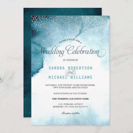 Moderne oceaanblauwe waterverf bruiloft kaart (Voorkant / Achterkant)