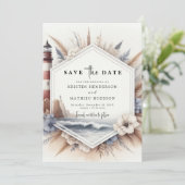 Moderne Ocean Vibes vuurtoren bruiloft Save The Date (Staand voorkant)