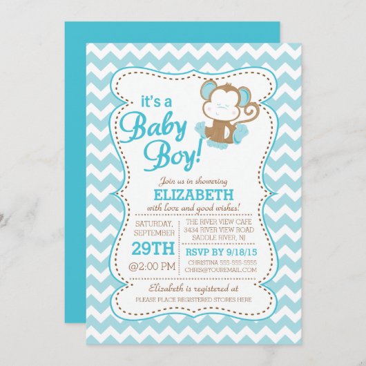 Moderne Oerwoud Safari Monkey Baby shower Uitnodig Kaart (Voorkant / Achterkant)