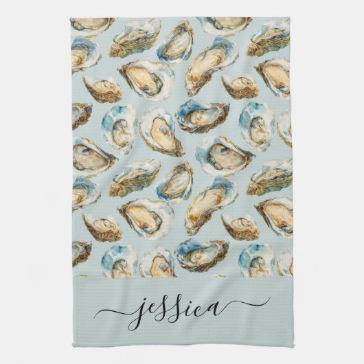 Moderne oesters patroon script naam theedoek (Verticaal)