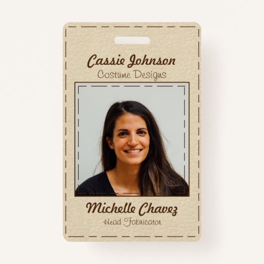 Moderne off wit bruin gestikt faux leer foto badge (Voorkant)