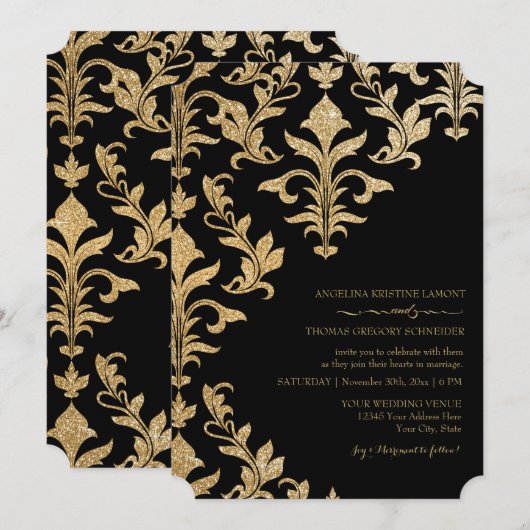 Moderne offset Damask Wedding-uitnodigingen Faux G Kaart (Voorkant / Achterkant)
