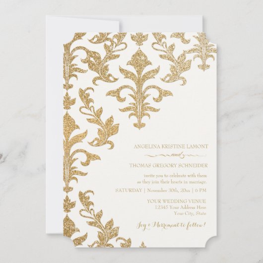 Moderne offset Damask Wedding-uitnodigingen Faux G Kaart (Voorkant)