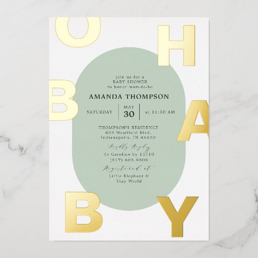 Moderne Oh Baby Groen Neutrale Baby Shower Goud Folie Uitnodiging (Voorkant)