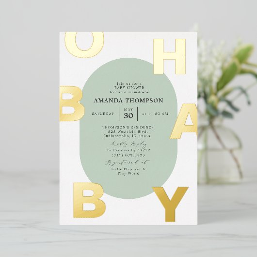 Moderne Oh Baby Groen Neutrale Baby Shower Goud Folie Uitnodiging (Staand Voorkant)