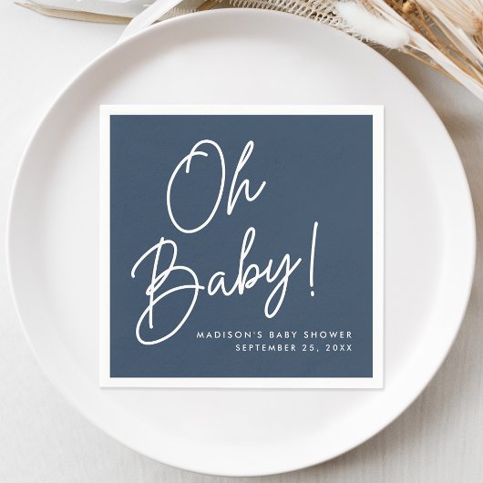 Moderne Oh Baby Script Navy Baby Shower Servet