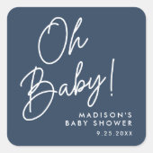 Moderne Oh Baby Script Navy Baby Shower Vierkante Sticker (Voorkant)