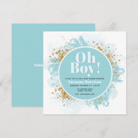 Moderne Oh Boy Baby Shower Glitter Uitnodiging (Voorkant / Achterkant)