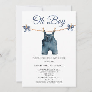 Moderne Oh Jongen Blauwe Overall Baby Shower Kaart