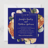 Moderne Oktober Blooms Marine Blauw Monogram Huwel Kaart (Voorkant)