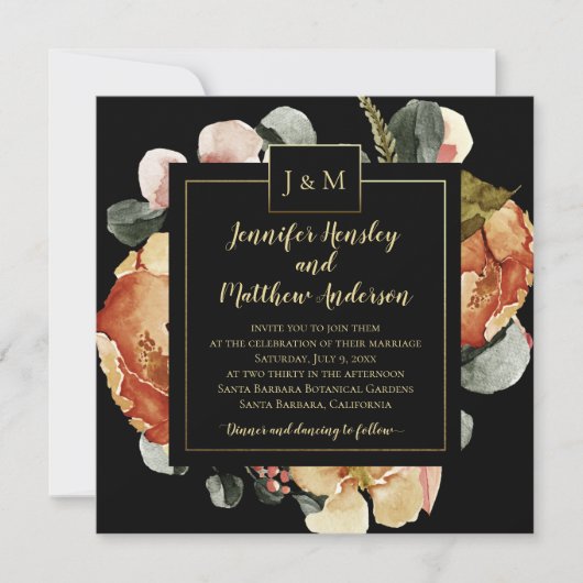 Moderne Oktoberbloei op Black Monogram Wedding Kaart (Voorkant)