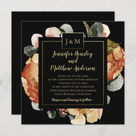 Moderne Oktoberbloei op Black Monogram Wedding Kaart