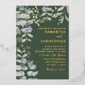 Moderne oliage met eucalyptus Gold en groen huweli Folie Uitnodiging (Voorkant)