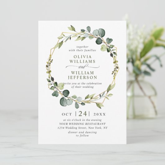 Moderne olievloeistof met eicalyptus Lijst bruilof Kaart (Staand voorkant)