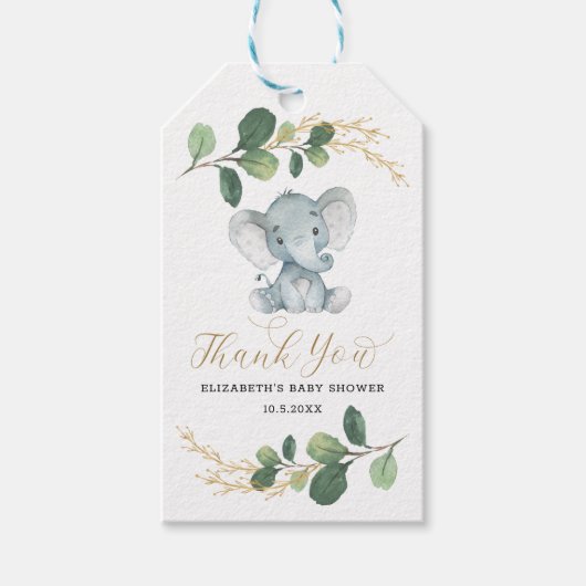 Moderne olifant groen gouden bladeren Baby shower Cadeaulabel (Voorkant)