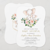 Moderne Olifant Roze Crème Bloemen Baby Shower Kaart (Voorkant / Achterkant)