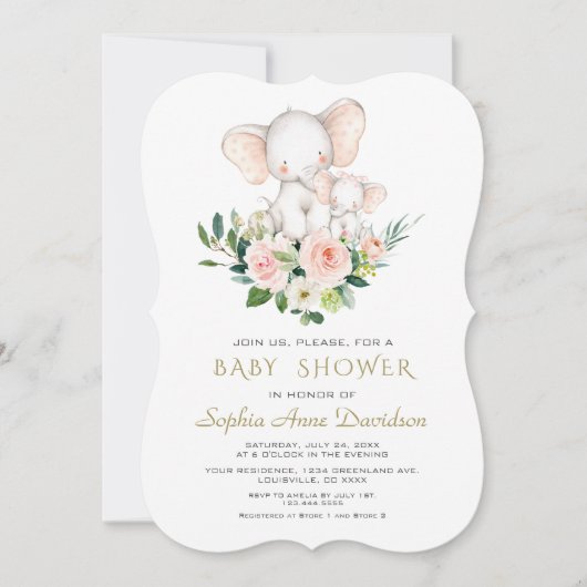 Moderne Olifant Roze Crème Bloemen Baby Shower Kaart (Voorkant)