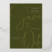 Moderne Olijf groene kalligrafie Sparen de Datum Folie Uitnodiging (Voorkant)