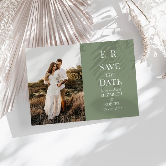 Moderne olijf monogram foto save the date kaart