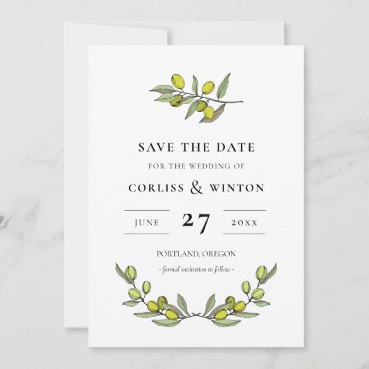 Moderne Olijf-tak Sla de datum op Kaart (Voorkant)