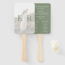 Moderne Olijfgroen Monogram Foto Trouwprogramma Handwaaier