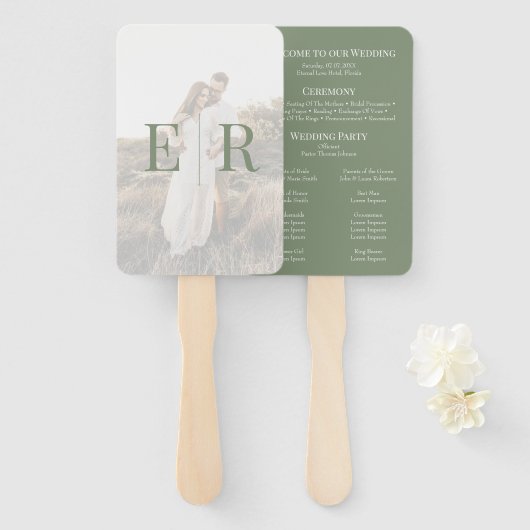 Moderne Olijfgroen Monogram Foto Trouwprogramma Handwaaier (Voorkant en achterkant)