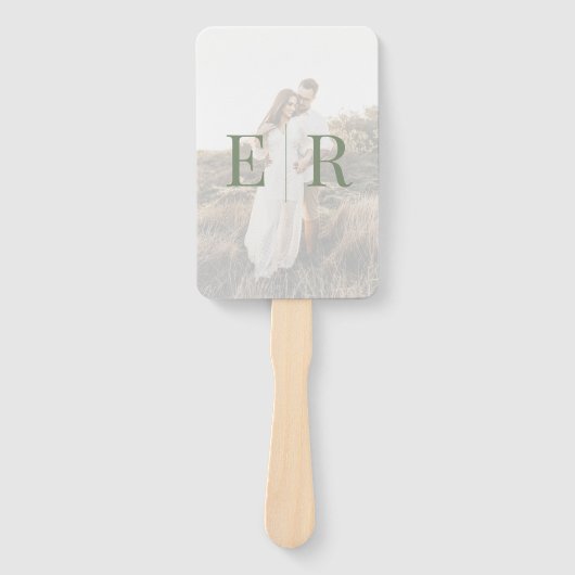 Moderne Olijfgroen Monogram Foto Trouwprogramma Handwaaier (Voorkant)