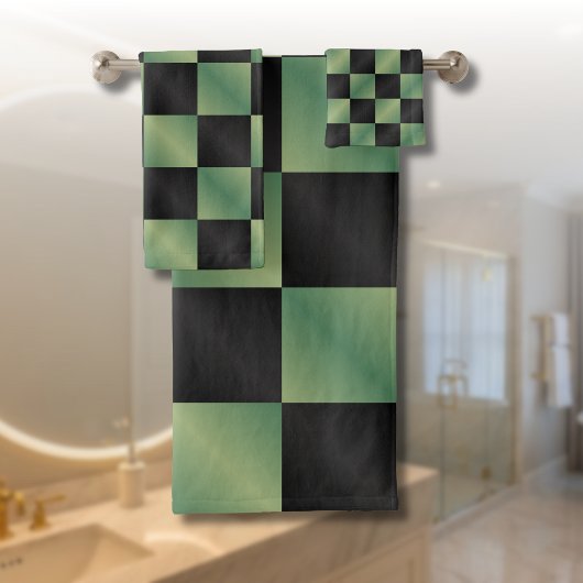 Moderne Olijfgroen Zwarte Gradiënt Geruit Bad Handdoek