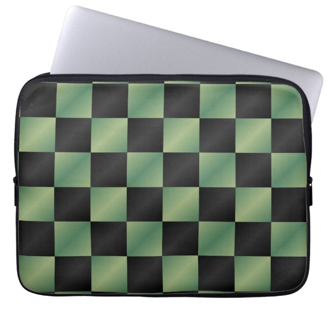 Moderne Olijfgroen Zwarte Gradiënt Geruit Laptop Sleeve (Voorkant)