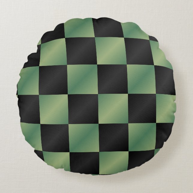 Moderne Olijfgroen Zwarte Gradiënt Geruit Rond Kussen (Voorkant)