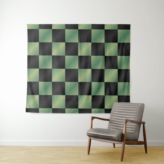 Moderne Olijfgroen Zwarte Gradiënt Geruit Wandkleed (In Situ (horizontaal))