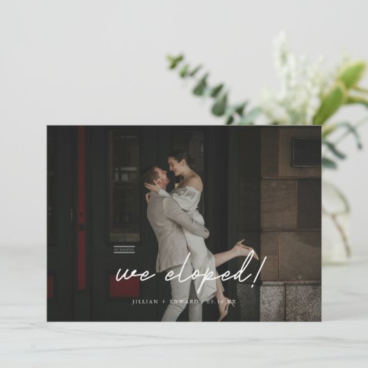 Moderne Olijfgroene 4-Foto Boog Bruiloft Elopement Aankondiging (Staand voorkant)