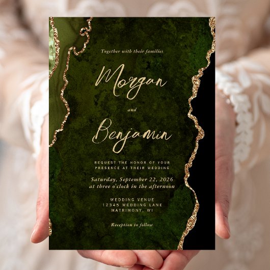Moderne olijfgroene agaat gouden script bruiloft kaart